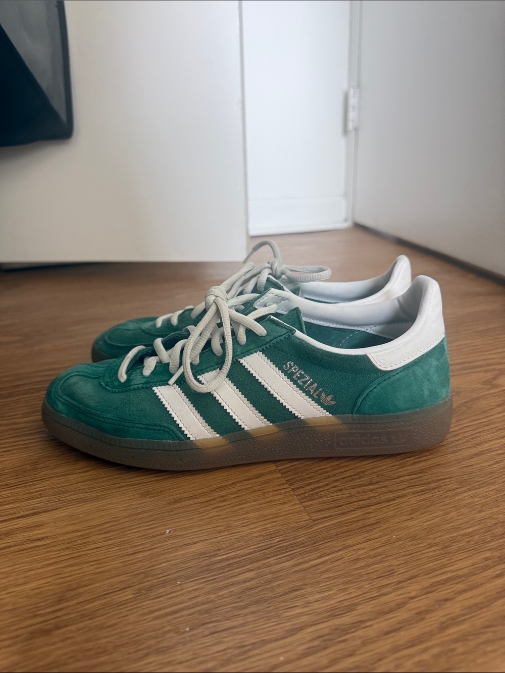 adidas women Green Suede Spezial Sneakers with White Stripes